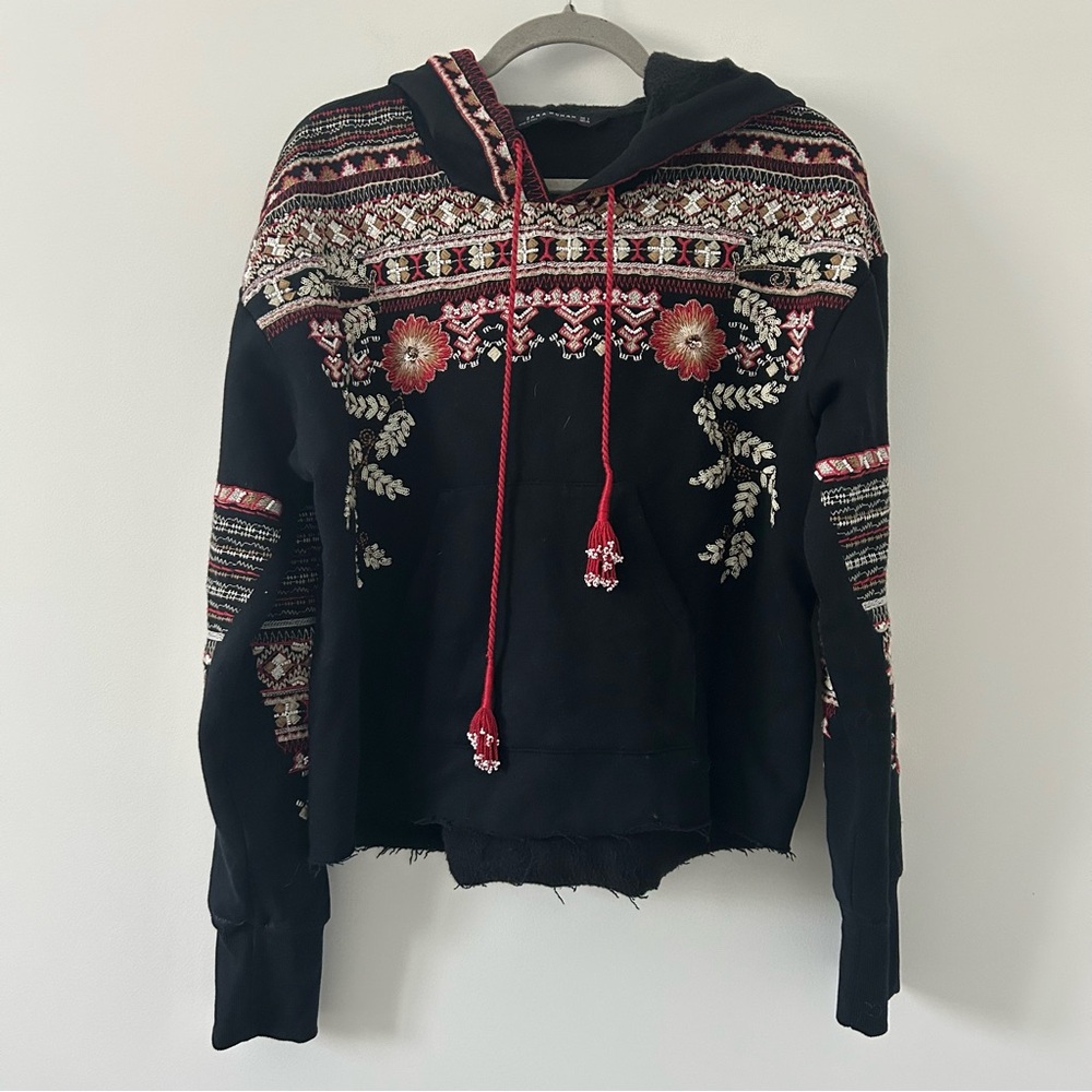 Zara Black Red Beaded Metallic Sequin Boho Embroidered Hoodie Raw Hem Sweater S